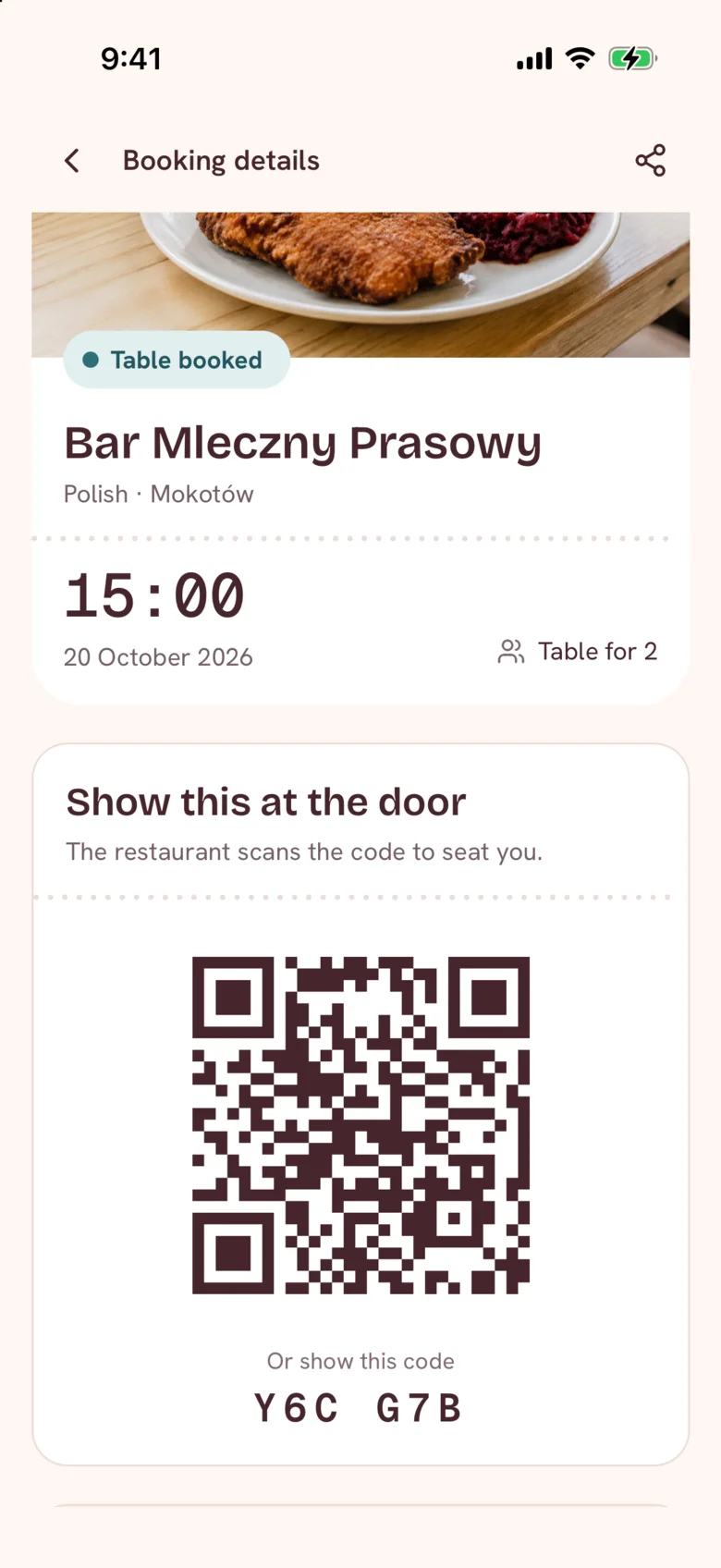 Dinezyy app: a booked table, with the arrival code to show at the door